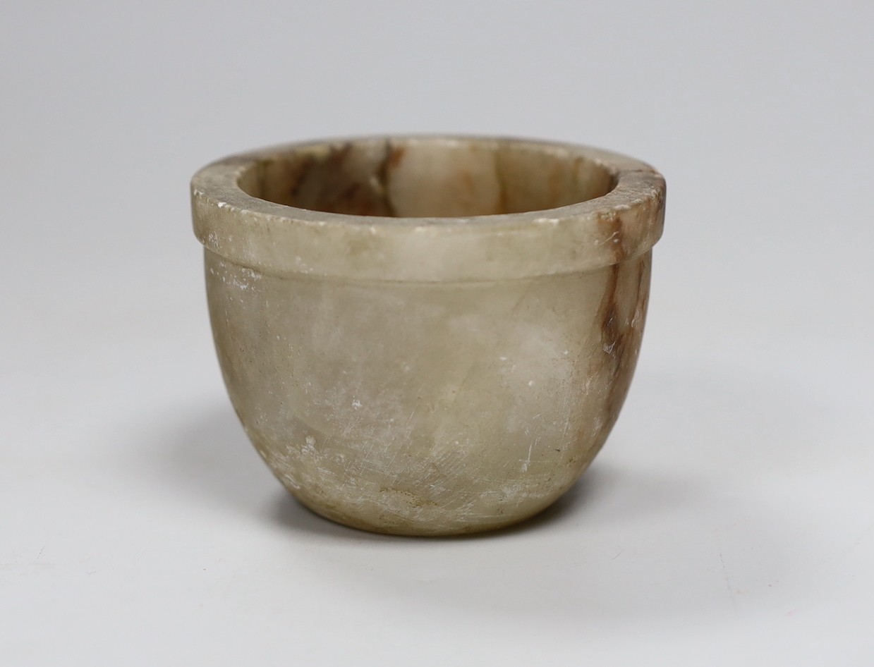 A Chinese jade hairpin, 21cm, a hardstone plaque, and an alabaster bowl